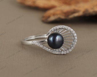 Natural Pearl Round Gemstone Ring, Fresh Water Pearl Ring, 925 Sterling Silver Black Pearl Ring, Pearl Silver Ring, Handmade Ring for Her