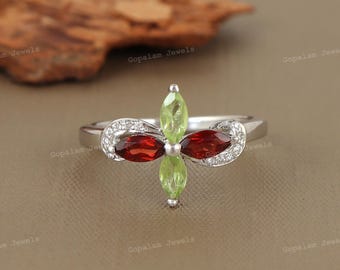 Anillo de granate y peridoto: anillo de plata de ley con múltiples piedras preciosas y piedras de nacimiento