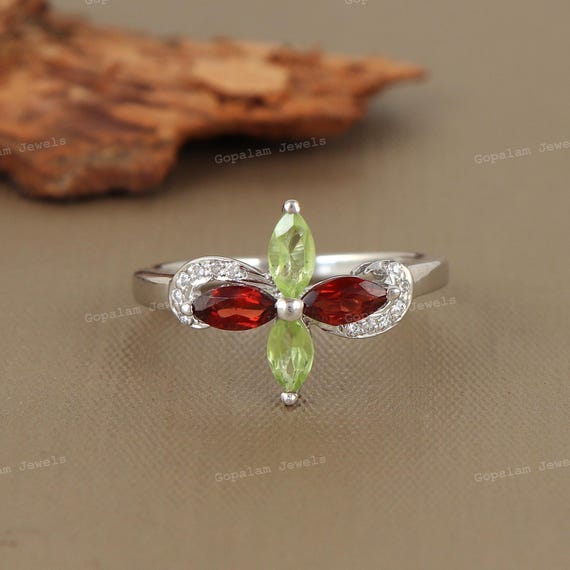 Bague Argent Massif Sertie De Grenat, Péridot Et Diopside - Taille 52 - 4,13g