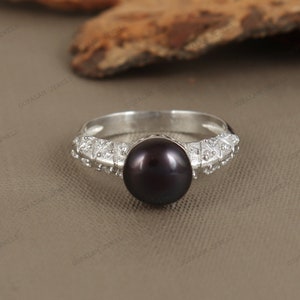 Fresh Water Pearl Ring, 925 Silver Ring, Black Pearl Ring, Round Gemstone Ring, Black Pearl Jewelry, Pearl Silver Ring, Engagement Gift Her