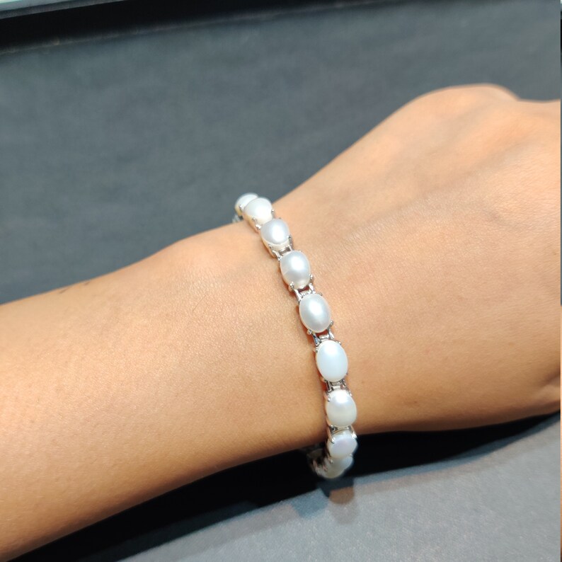 Tennis Bracelet Birthstone Bracelet 925 Sterling Silver Bracelet Natural White Pearl Bracelet Women Bracelet Cabochon Gemstone Bracelet