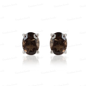 Natural Smoky Quartz Stud Earrings, 925 Sterling Silver Studs, Oval Cut Smoky Quartz Earrings, Gemstone Earrings, Anniversary Gift for Her