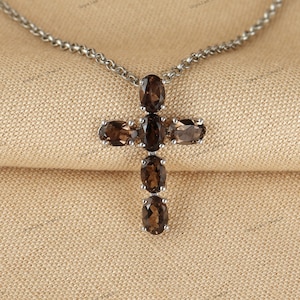 Smoky Quartz Cross Pendant: 925 Sterling Silver, Oval Gemstone