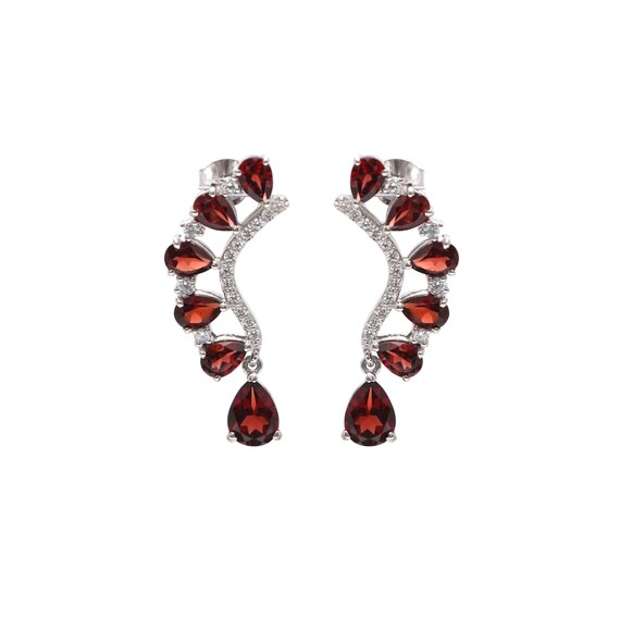 Boucles D'oreilles Argent Sterling - Grenat Et CZ - Pierre De Naissance Janvier
