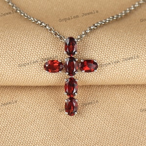 Natural Garnet Oval Cut Gemstone Cross Pendant 925 Sterling Silver Mystic Topaz Cross Smoky Quartz Cross Amethyst Cross Pendant Gift for Her