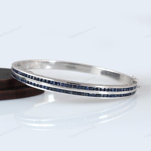 Natural Blue Sapphire Bangle-925 Sterling Silver Bangle-Square Sapphire Bangle-September Birthstone-Sapphire Bangle Bracelet-Gift for Her