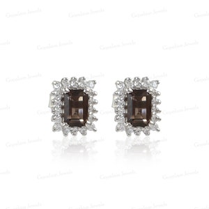 Smoky Quartz Stud Earrings: 925 Sterling Silver, Octagon Cut