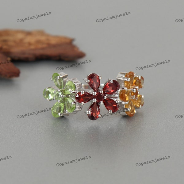 Natural Multi Gemstone Floral Ring-925 Sterling Silver-Garnet, Citrine, Peridot Ring-Multi Stone Flower Ring-Bridal Gift-Anniversary Gift