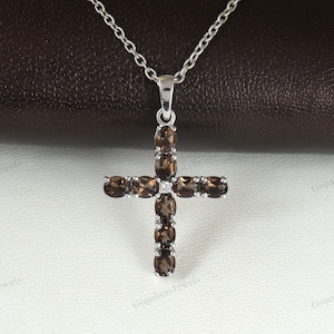 Smoky Quartz Cross Pendant: 925 Sterling Silver Necklace, June Birthstone