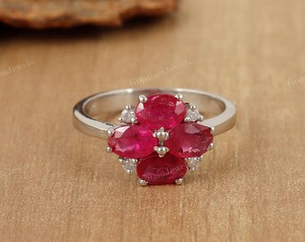 Natural Ruby Sterling Silver Ring: Oval Gemstone Cluster, July Birthstone