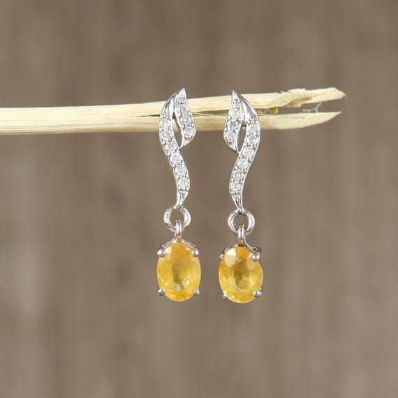 Yellow Sapphire Dangle Earrings-925 Sterling Silver Earrings-7x5mm