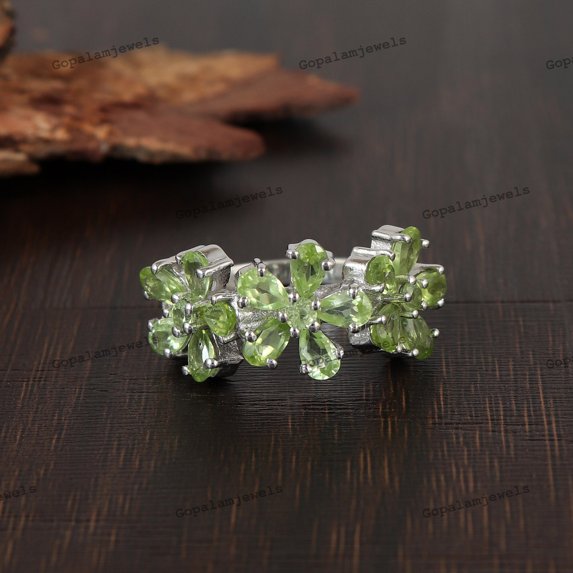 フローラルペリドットリング：925スターリングシルバー8月の誕生石