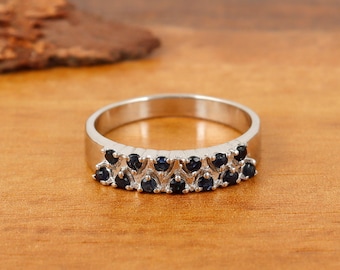 Natural Blue Sapphire Round Gemstone Half Eternity Band-925 Sterling Silver Ring-Sapphire Thumb Ring-September Birthstone Ring-Wedding Gift