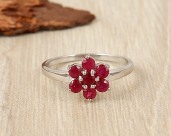 Ruby Flower Ring: Sterling Silver July Birthstone Ring