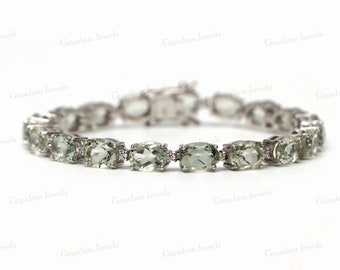 Natural Green Amethyst Bracelet, 8x6mm Oval Gemstone Bracelet, 925 Sterling Silver Cubic Zircon Bracelet, Tennis Bracelet Gift for Her