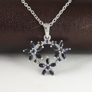 Blue Sapphire Floral Pendant-925 Sterling Silver Pendant-Sapphire Flower Pendant-September Birthstone-Christmas Gift-Chain Pendant for Her