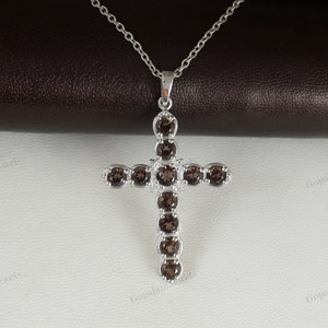 Smoky Quartz Cross Pendant: 925 Sterling Silver Necklace, June Birthstone