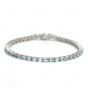 Aquamarine Tennis Bracelet-925 Sterling Silver-4x3mm Oval Aquamarine Bracelet-Precious Gemstone Bracelet-Women Jewelry-Wedding Gift for Her