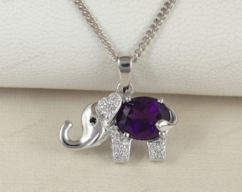 Amethist olifant hanger-dierontwerp sieraden-februari geboortesteen cadeau-ovale edelsteen hanger-kindersieraden-olifant hanger cadeau voor haar