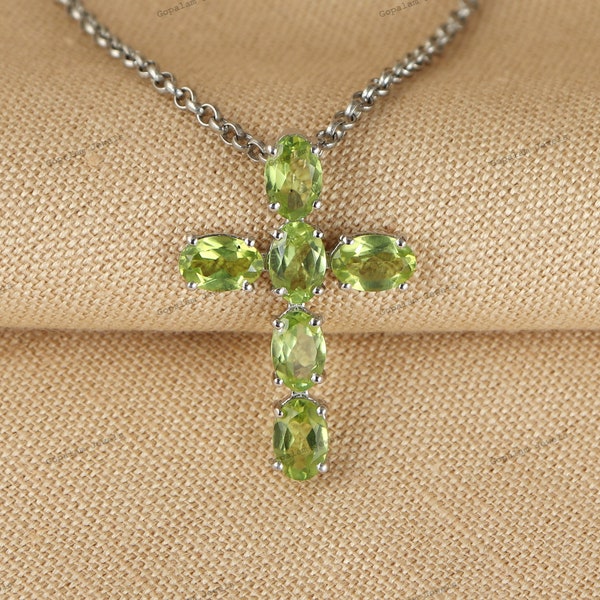 Natural Peridot Oval Cut Gemstone Cross Pendant, 925 Solid Silver Cross, Peridot Cross Pendant, Christmas Gift, Peridot Holy Cross Pendant