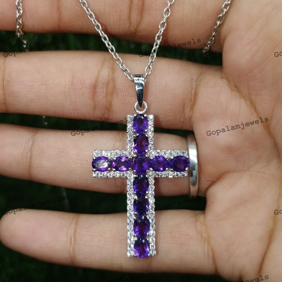 Pendentif Croix Vintage Argenté Avec Perle Améthyste - Bijou Occasion