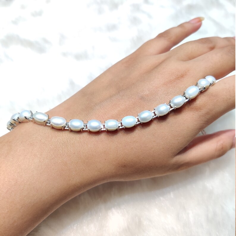 Tennis Bracelet Birthstone Bracelet 925 Sterling Silver Bracelet Natural White Pearl Bracelet Women Bracelet Cabochon Gemstone Bracelet