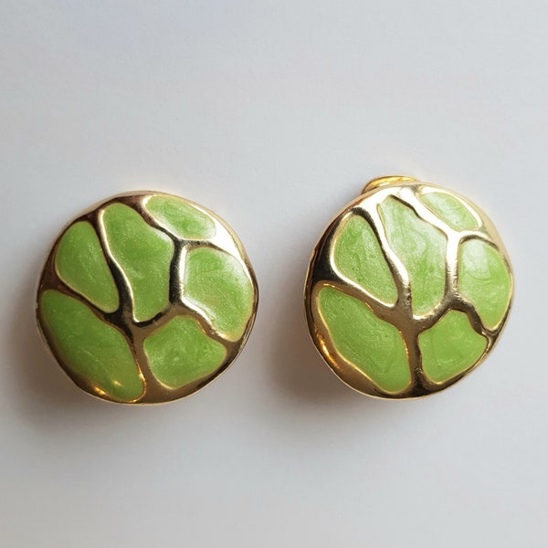 Green cloisonné enamel gold clip earrings