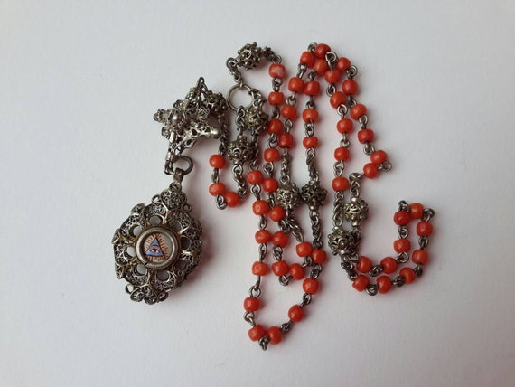 Bavarian Rosary XIXTH silver coral enamel antique