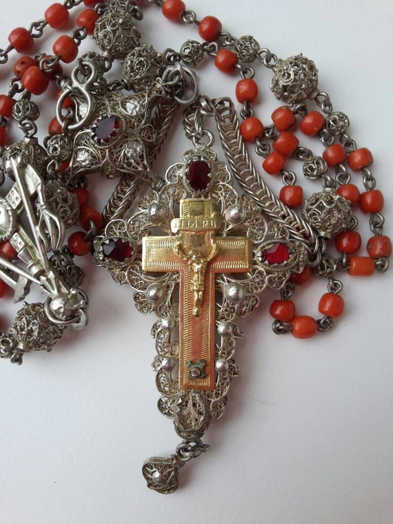 Large Rosary Bavarian XIX silver filigred coral be