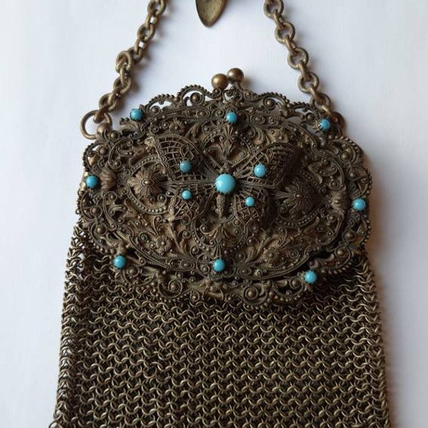 Sac ancien papillon turquoise en maille chatelaine