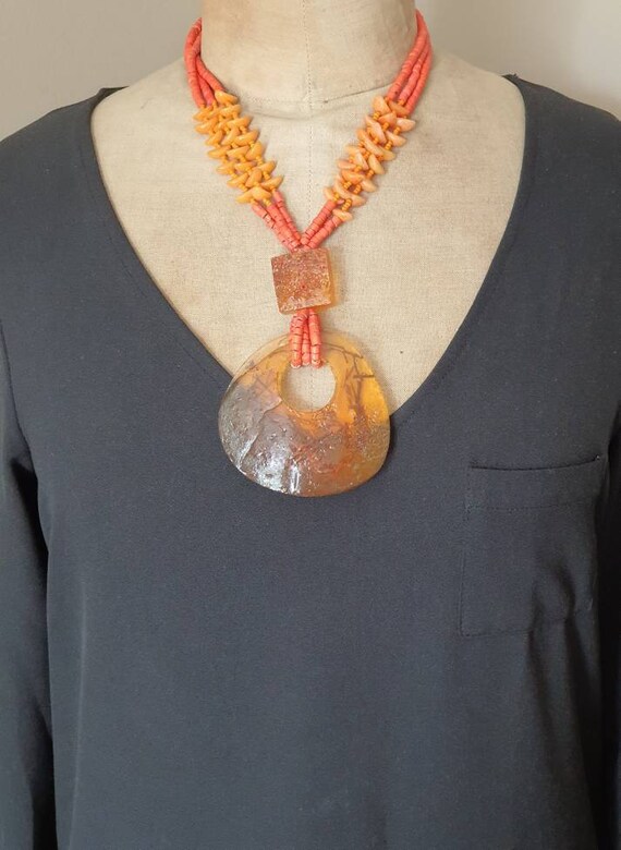 Elegant brown lava and coral necklace with magnetic clasp gemstone jewelry Gemstone necklace long necklace