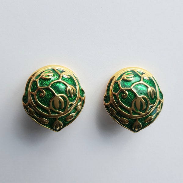 Boucles d'oreilles dorée émail cloisonné vert style Art Nouveau