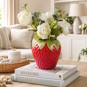 Jarrón de fresas de cerámica, soporte para utensilios de fresas, linda decoración de cocina, maceta de fresas, decoración de fresas, jarrón de frutas, decoración de cocina rústica