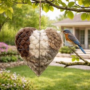 Puede incluir: Un comedero para pájaros en forma de corazón hecho de malla de alambre y relleno de fibras naturales en tonos marrón, blanco y gris. El comedero cuelga de una cuerda y está suspendido de una rama de árbol. Un mirlo azul se posa en una rama cercana.