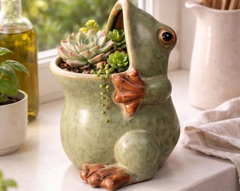 Vintage Chinese Majolica Two Green Frogs Holding A Lily Pad