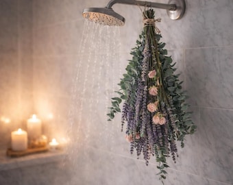 Ramo de ducha de eucalipto, lavanda y flores / Idea de regalo para mamá / Baño acogedor / Paquete de regalo con fragancia de eucalipto y lavanda