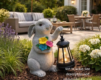 Ensemble de décoration de jardin de lapin avec lanterne solaire et graines de fleurs sauvages, statue de lapin d'extérieur pour terrasse, jardin et aménagement paysager
