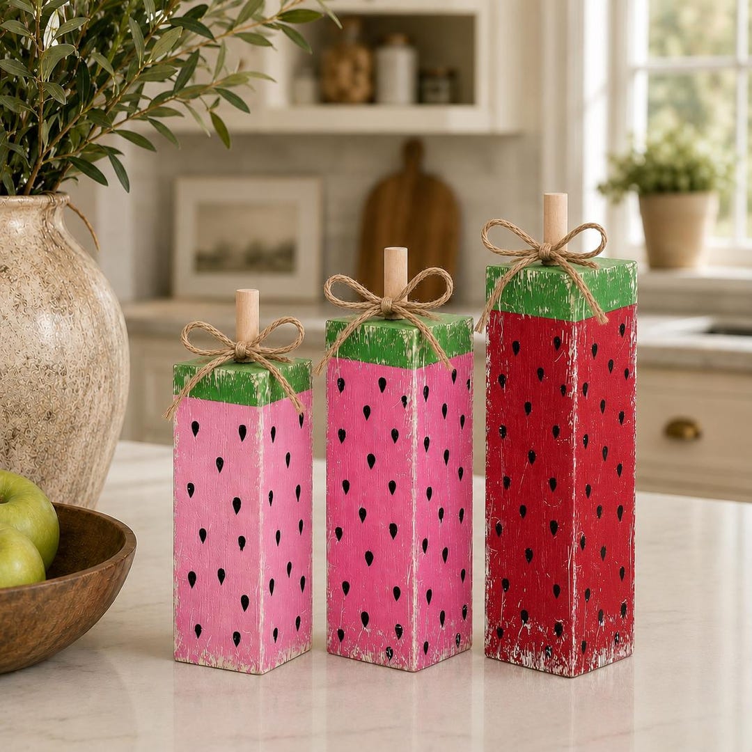 Watermelon Block Set Watermelon Wooden Block Decor Set of 3 | Summer Tiered Tray Decor ...