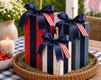 America 250th Patriotic Wooden Block Decor Set Rustic Red White Blue Americana Shelf Decor