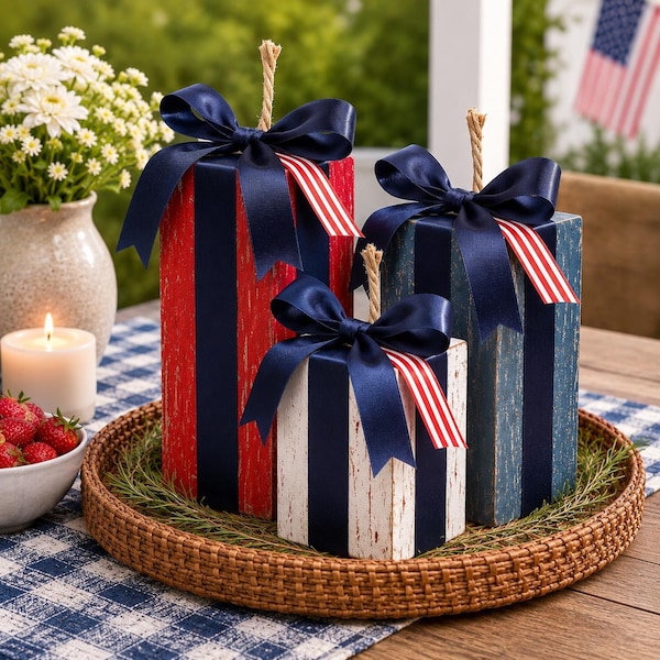 America 250th Patriotic Wooden Block Decor Set Rustic Red White Blue Americana Shelf Decor