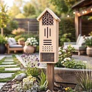 Wooden Insect House for Garden, Bee & Butterfly Hotel, Natural Pollinator Habitat, Ladybug Shelter, Outdoor Yard Decor, Pollinator Garden