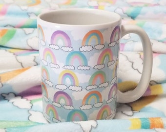 Sky Rainbows Mug, colorful rainbows pattern with clouds blue - 11oz or 15oz ceramic coffee mug or mug set available