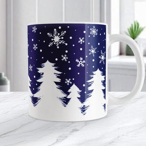 Winter Night Snow Mug, Navy Blue White Pine Tree Gift, Ceramic Coffee Cup, Individual or Discounted Set, 11oz or 15oz