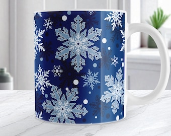 Classic Blue Snowflake Mug, Winter Theme Gift, Ceramic Coffee Cup, Individual or Discounted Set, 11oz or 15oz