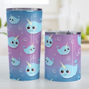 Cute Narwhal Tumbler Cup, happy narwhal bubbles pattern purple blue 10oz or 20oz insulated cup, iced coffee tumbler, hot or cold beverages image 3