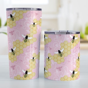 hot or cold beverage pretty colorful flowers bees honeycomb Purple Floral Bee Tumbler Cup 10oz or 20oz insulated cup iced coffee tumbler