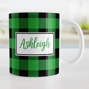 Personalized Green Buffalo Plaid Mug, rustic cabin coffee cup, Father&#39;s Day gift - 11oz or 15oz ceramic coffee mug or mug set available