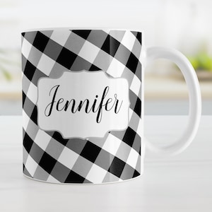 Personalized Gingham Mug, black and white check pattern, country kitchen gift - 11oz or 15oz ceramic coffee mug or mug set available