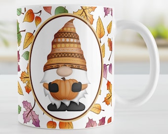 Orange Gnome Fall Leaves Mug, Autumn or Thanksgiving mug - 11oz or 15oz ceramic coffee mug or mug set available