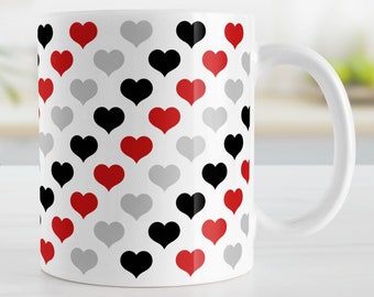 Red Black Gray Hearts Mug, cute pattern, Valentine's Day - 11oz or 15oz ceramic coffee mug or mug set available